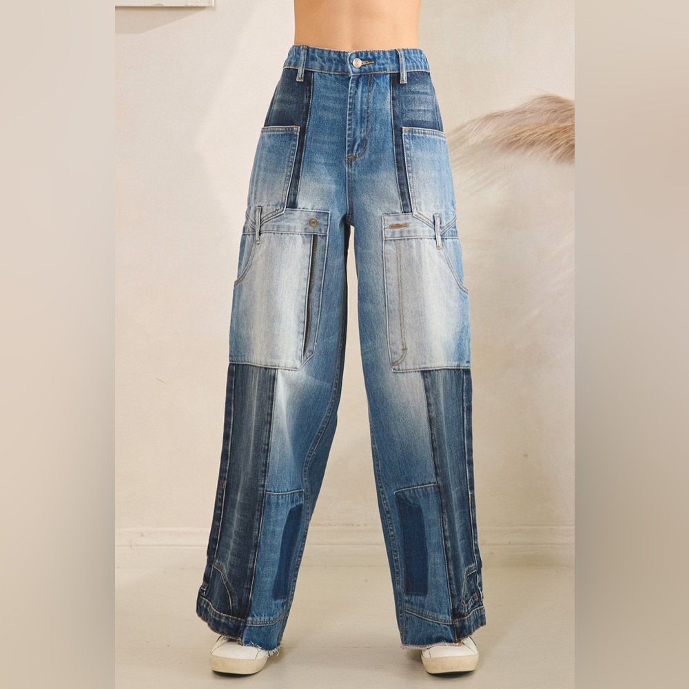 Oli & Hali Patchwork Wide-Leg Denim Pants - Blue - Picture 4 of 6